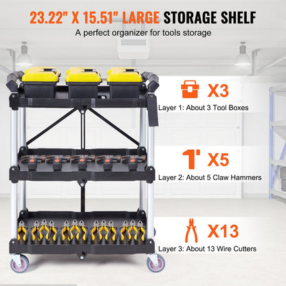Foldable Utility Service Cart, 3 Shelf 165LBS Heavy Duty Plastic Rolling Cart with Lockable Wheels, Ergonomic Handle, Portable Garage Tool Cart for Warehouse/Office/Home(25.62"x15.43"x32.76") - Image 4