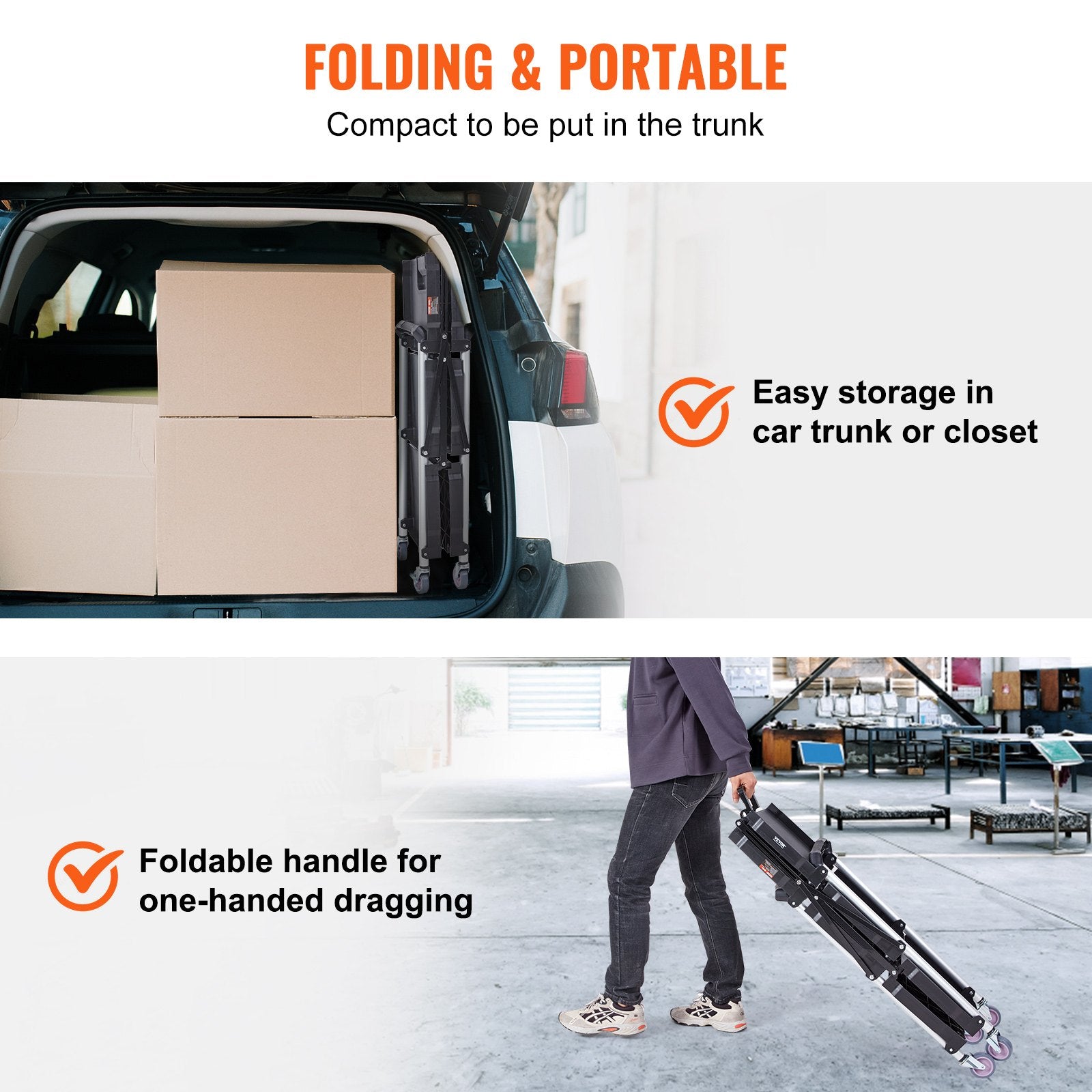 Foldable Utility Service Cart, 3 Shelf 165LBS Heavy Duty Plastic Rolling Cart with Lockable Wheels, Ergonomic Handle, Portable Garage Tool Cart for Warehouse/Office/Home(25.62"x15.43"x32.76") - Image 5