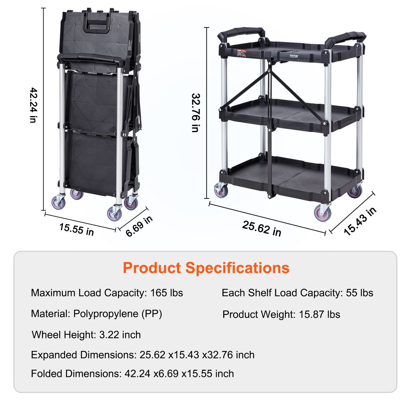 Foldable Utility Service Cart, 3 Shelf 165LBS Heavy Duty Plastic Rolling Cart with Lockable Wheels, Ergonomic Handle, Portable Garage Tool Cart for Warehouse/Office/Home(25.62"x15.43"x32.76") - Image 7
