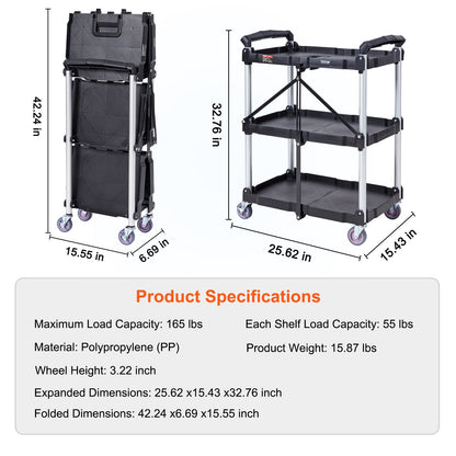 Foldable Utility Service Cart, 3 Shelf 165LBS Heavy Duty Plastic Rolling Cart with Lockable Wheels, Ergonomic Handle, Portable Garage Tool Cart for Warehouse/Office/Home(25.62"x15.43"x32.76") - Image 7
