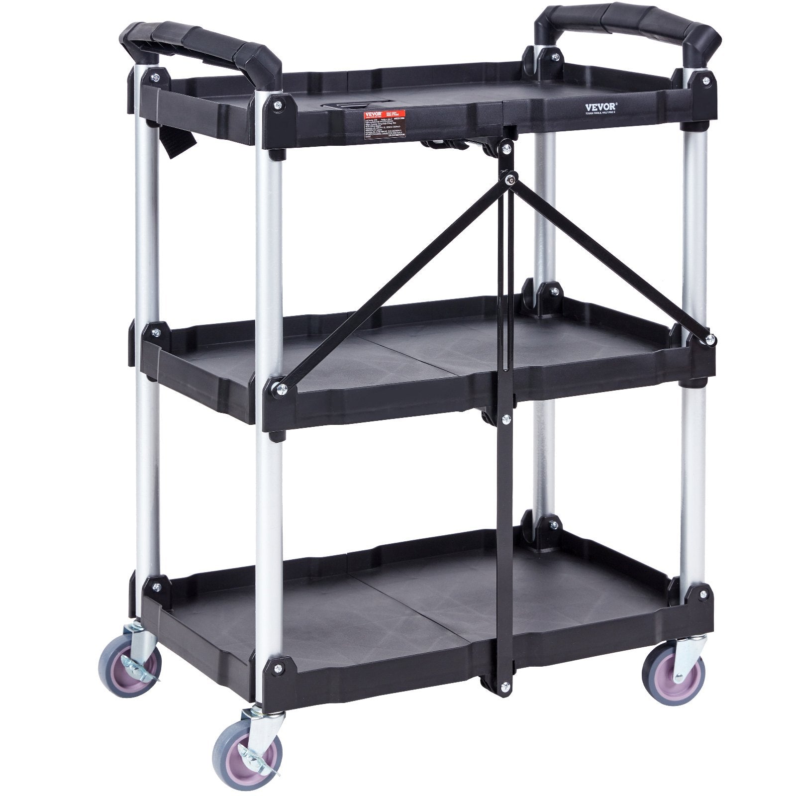 Foldable Utility Service Cart, 3 Shelf 165LBS Heavy Duty Plastic Rolling Cart with Lockable Wheels, Ergonomic Handle, Portable Garage Tool Cart for Warehouse/Office/Home(25.62"x15.43"x32.76") - Image 9