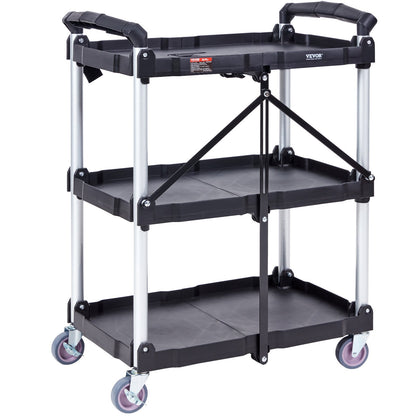 Foldable Utility Service Cart, 3 Shelf 165LBS Heavy Duty Plastic Rolling Cart with Lockable Wheels, Ergonomic Handle, Portable Garage Tool Cart for Warehouse/Office/Home(25.62"x15.43"x32.76") - Image 9