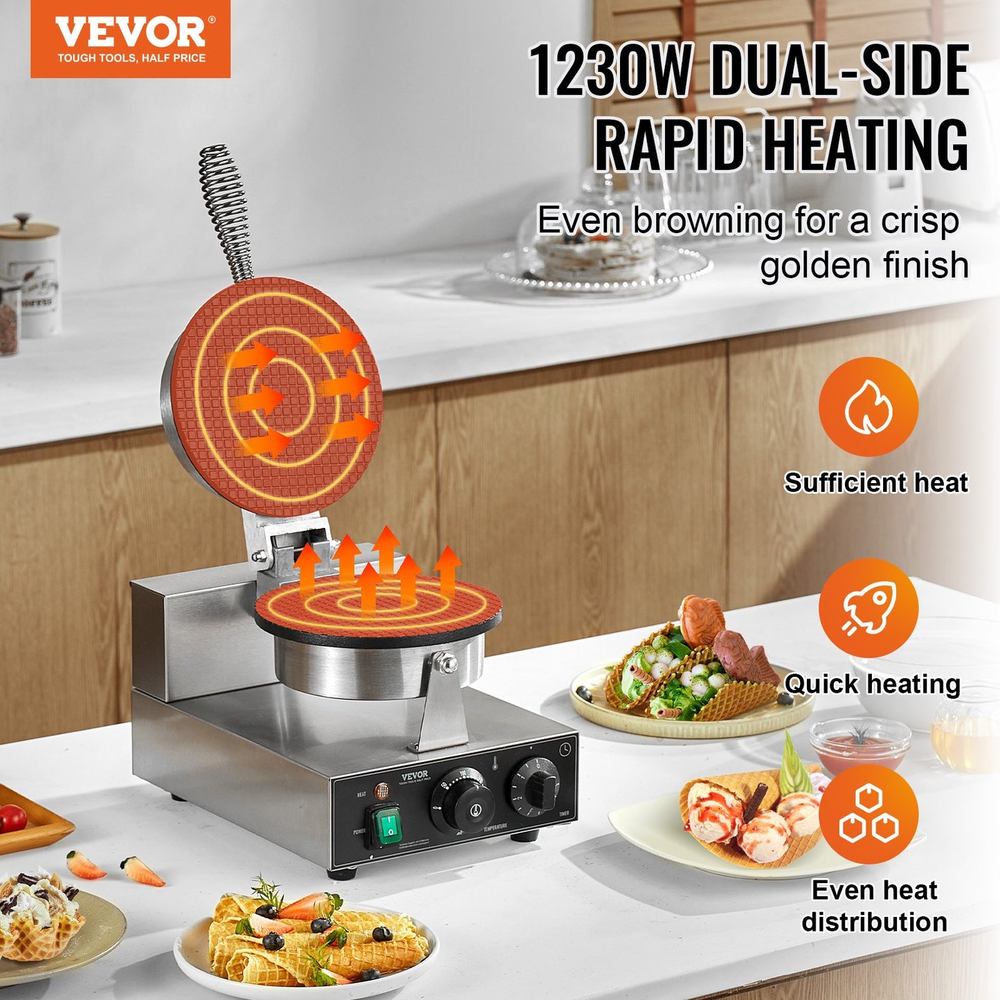 Electric Ice Cream Cone Maker, Commercial 1230W Waffle Cone Machine, Non-Stick Stainless Steel Egg Roll Mold, with Temperature and Time Control, Handle, for Restaurant Bakery Snack Bar Family - Image 2