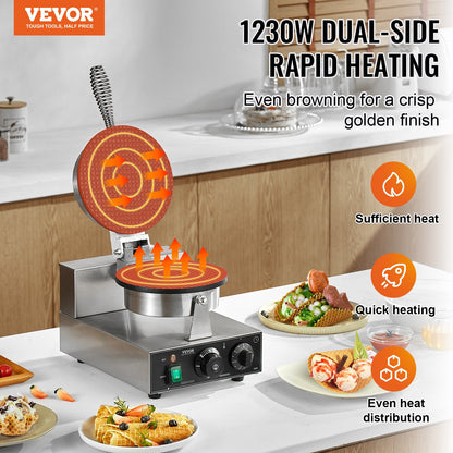 Electric Ice Cream Cone Maker, Commercial 1230W Waffle Cone Machine, Non-Stick Stainless Steel Egg Roll Mold, with Temperature and Time Control, Handle, for Restaurant Bakery Snack Bar Family - Image 2