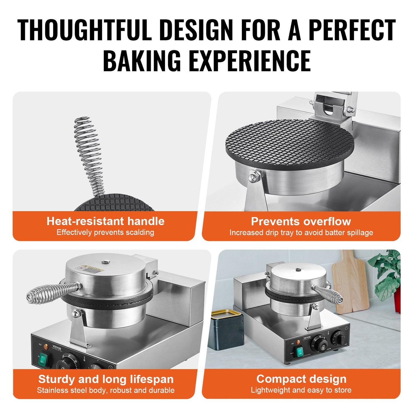 Electric Ice Cream Cone Maker, Commercial 1230W Waffle Cone Machine, Non-Stick Stainless Steel Egg Roll Mold, with Temperature and Time Control, Handle, for Restaurant Bakery Snack Bar Family - Image 5