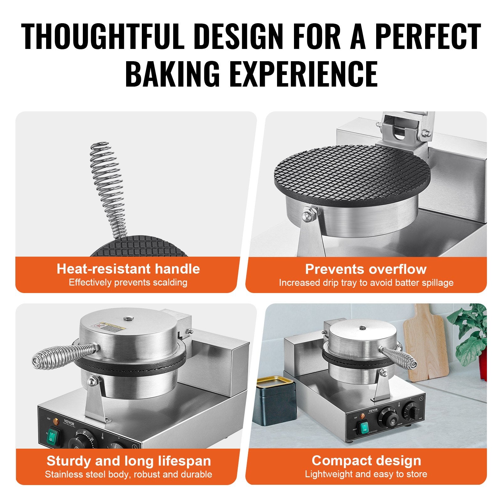 Electric Ice Cream Cone Maker, Commercial 1230W Waffle Cone Machine, Non-Stick Stainless Steel Egg Roll Mold, with Temperature and Time Control, Handle, for Restaurant Bakery Snack Bar Family - Image 5