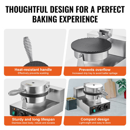 Electric Ice Cream Cone Maker, Commercial 1230W Waffle Cone Machine, Non-Stick Stainless Steel Egg Roll Mold, with Temperature and Time Control, Handle, for Restaurant Bakery Snack Bar Family - Image 5