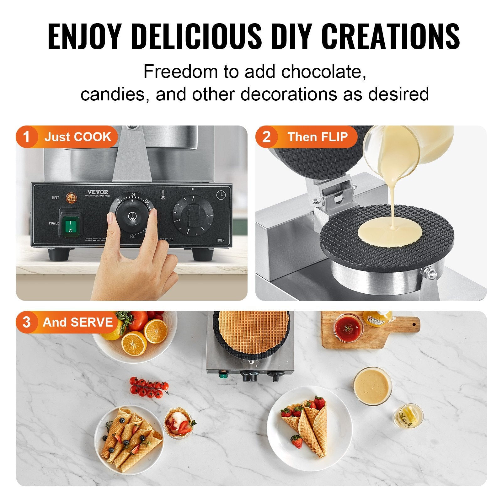 Electric Ice Cream Cone Maker, Commercial 1230W Waffle Cone Machine, Non-Stick Stainless Steel Egg Roll Mold, with Temperature and Time Control, Handle, for Restaurant Bakery Snack Bar Family - Image 6