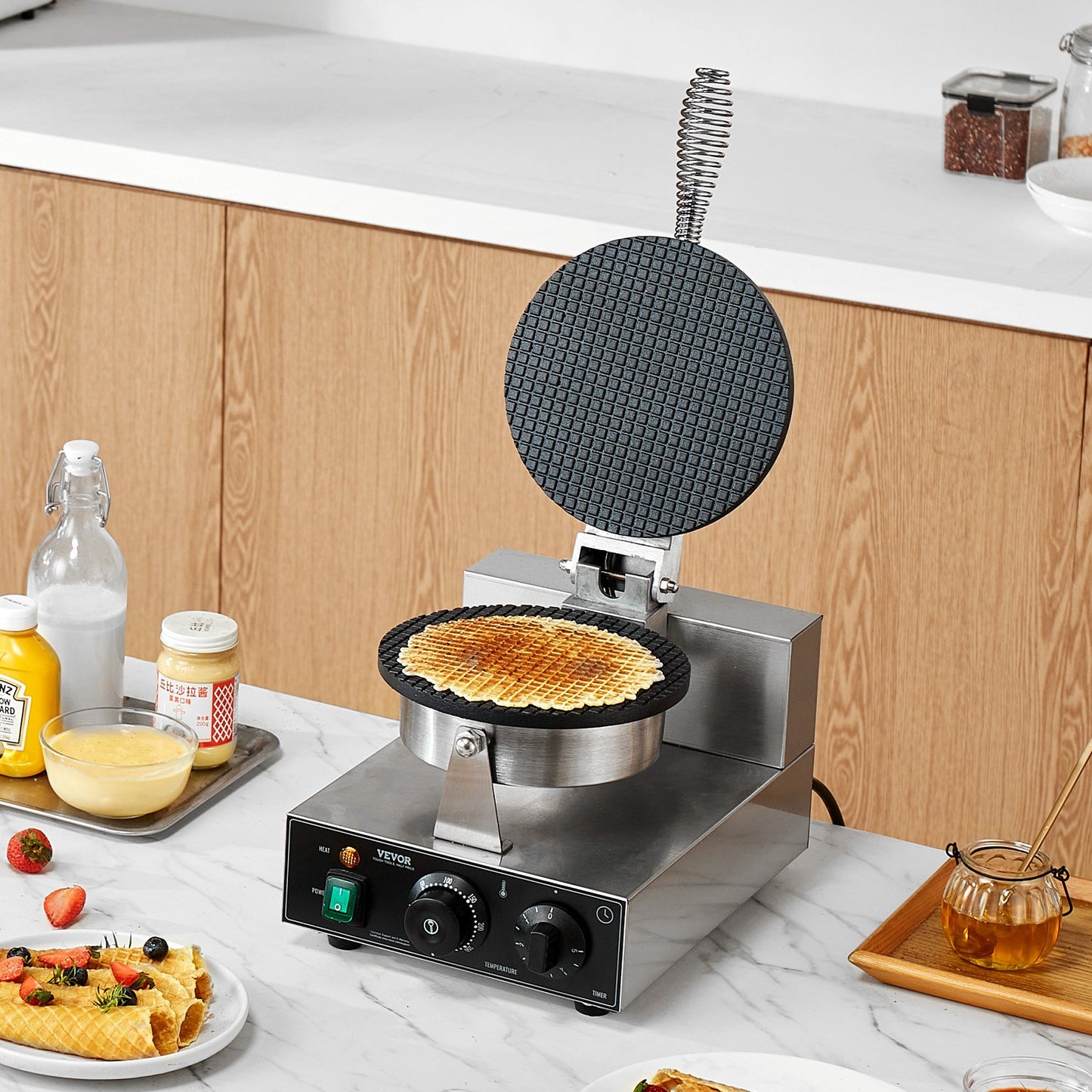Electric Ice Cream Cone Maker, Commercial 1230W Waffle Cone Machine, Non-Stick Stainless Steel Egg Roll Mold, with Temperature and Time Control, Handle, for Restaurant Bakery Snack Bar Family - Image 8