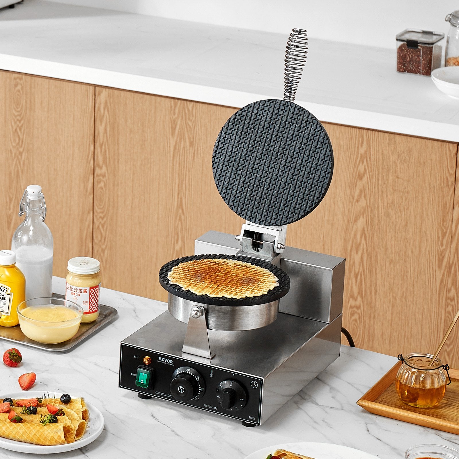 Electric Ice Cream Cone Maker, Commercial 1230W Waffle Cone Machine, Non-Stick Stainless Steel Egg Roll Mold, with Temperature and Time Control, Handle, for Restaurant Bakery Snack Bar Family - Image 8