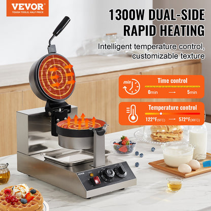 Commercial Waffle Maker, 1300W Round Waffle Baker Machine, Non-Stick Stainless Steel Belgian Waffle Iron, Temperature and Time Control, 180° Rotatable, for Restaurant Bakery Snack Bar Family - Image 2