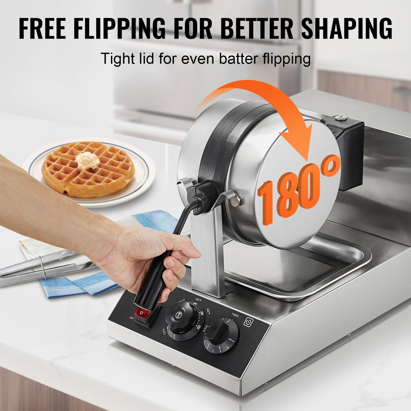 Commercial Waffle Maker, 1300W Round Waffle Baker Machine, Non-Stick Stainless Steel Belgian Waffle Iron, Temperature and Time Control, 180° Rotatable, for Restaurant Bakery Snack Bar Family - Image 3