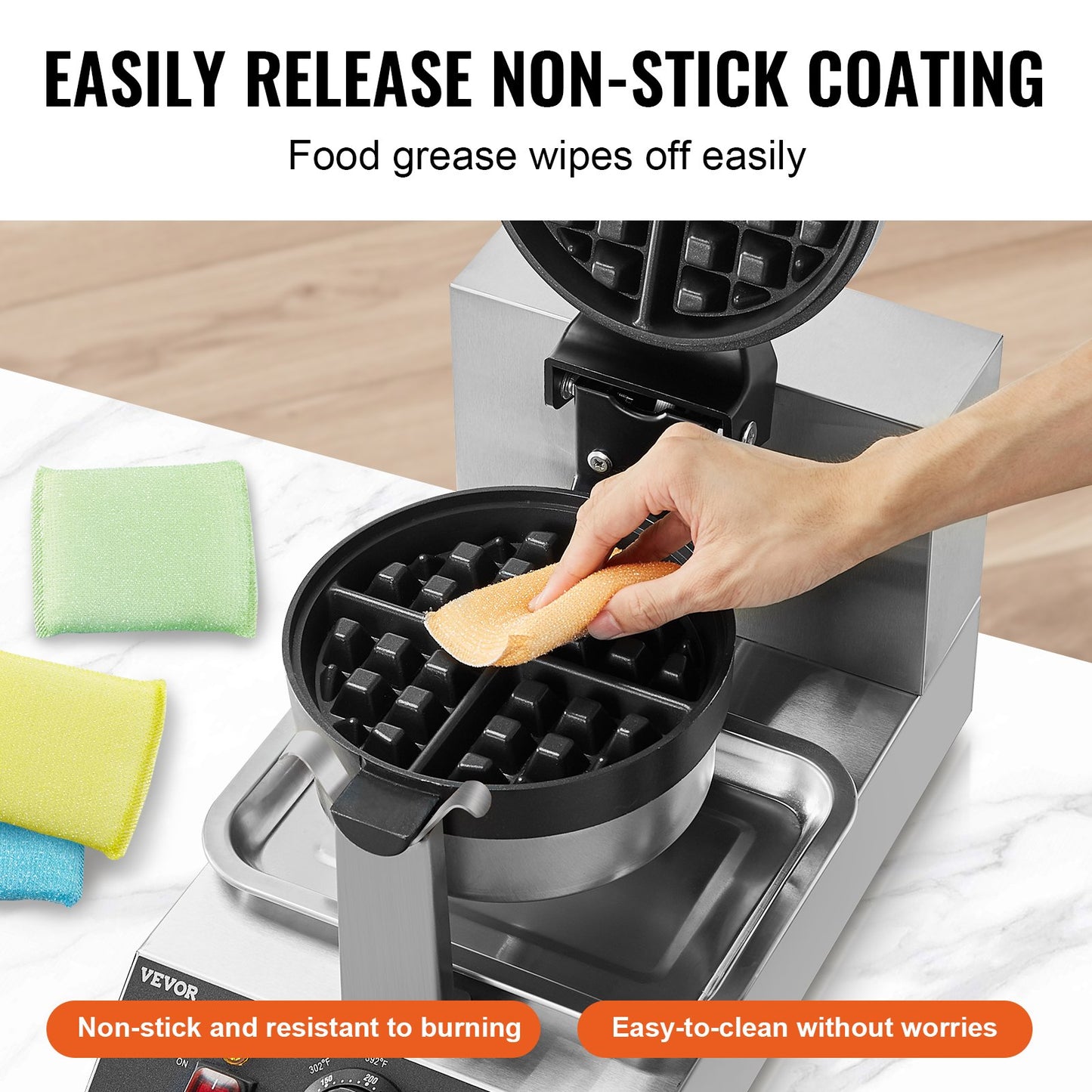 Commercial Waffle Maker, 1300W Round Waffle Baker Machine, Non-Stick Stainless Steel Belgian Waffle Iron, Temperature and Time Control, 180° Rotatable, for Restaurant Bakery Snack Bar Family - Image 4