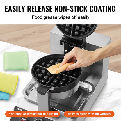 Commercial Waffle Maker, 1300W Round Waffle Baker Machine, Non-Stick Stainless Steel Belgian Waffle Iron, Temperature and Time Control, 180° Rotatable, for Restaurant Bakery Snack Bar Family - Image 4