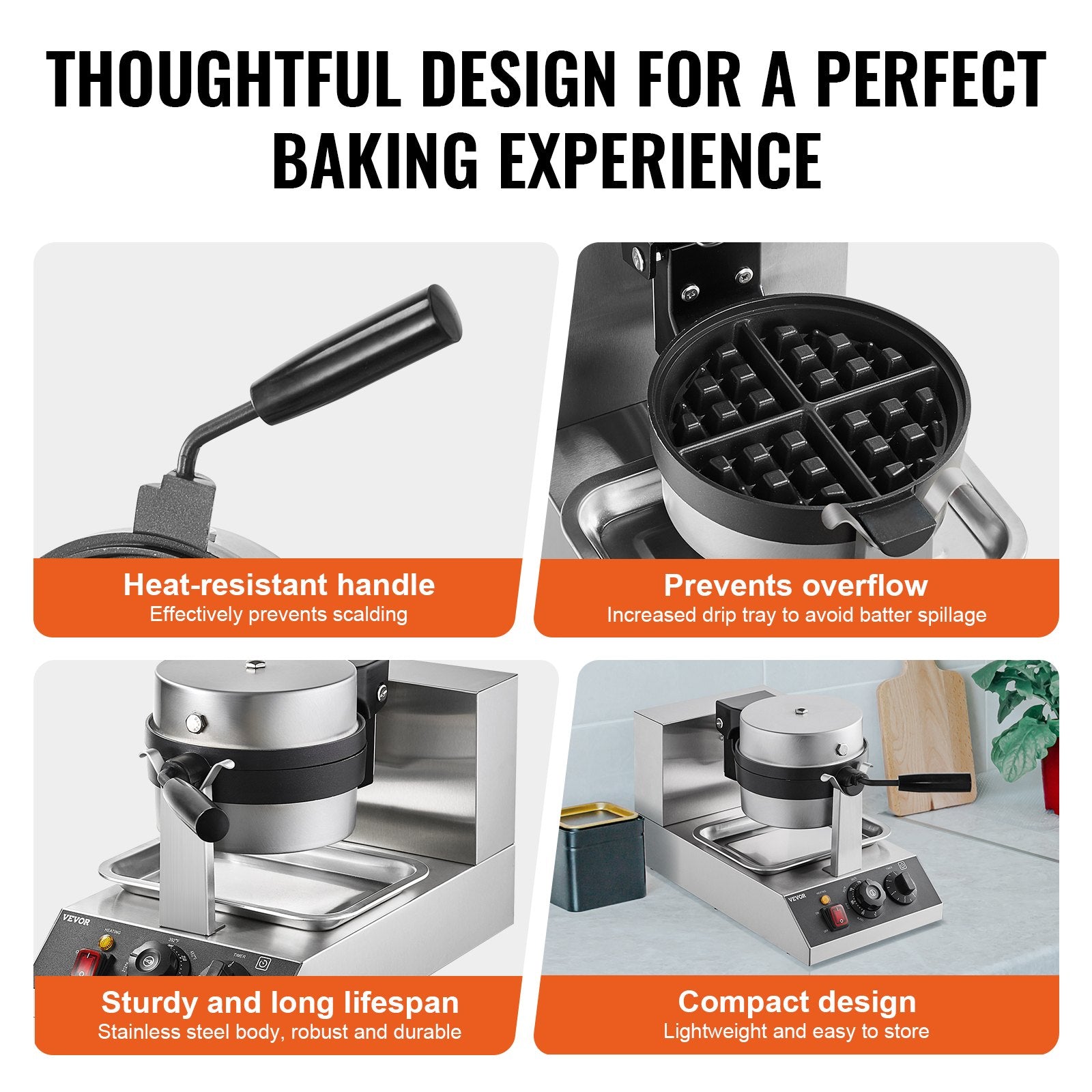 Commercial Waffle Maker, 1300W Round Waffle Baker Machine, Non-Stick Stainless Steel Belgian Waffle Iron, Temperature and Time Control, 180° Rotatable, for Restaurant Bakery Snack Bar Family - Image 5