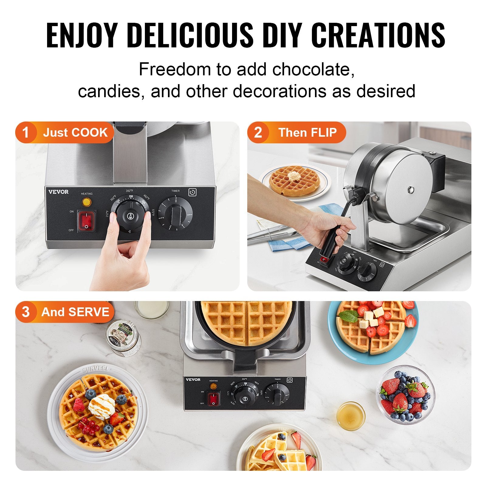 Commercial Waffle Maker, 1300W Round Waffle Baker Machine, Non-Stick Stainless Steel Belgian Waffle Iron, Temperature and Time Control, 180° Rotatable, for Restaurant Bakery Snack Bar Family - Image 6