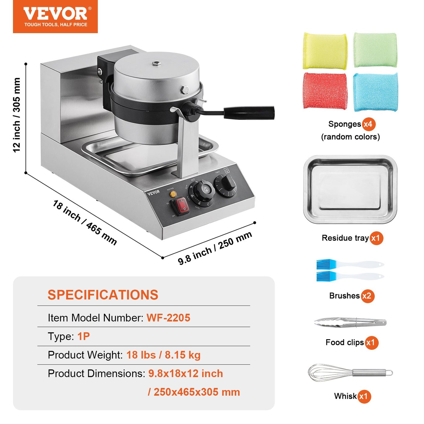 Commercial Waffle Maker, 1300W Round Waffle Baker Machine, Non-Stick Stainless Steel Belgian Waffle Iron, Temperature and Time Control, 180° Rotatable, for Restaurant Bakery Snack Bar Family - Image 7