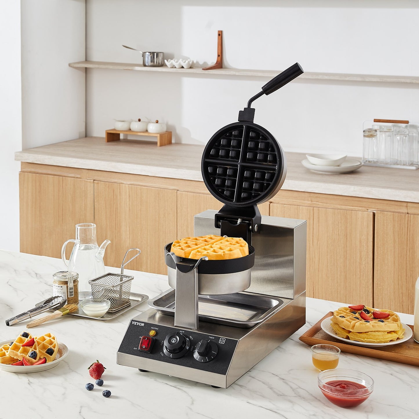 Commercial Waffle Maker, 1300W Round Waffle Baker Machine, Non-Stick Stainless Steel Belgian Waffle Iron, Temperature and Time Control, 180° Rotatable, for Restaurant Bakery Snack Bar Family - Image 8