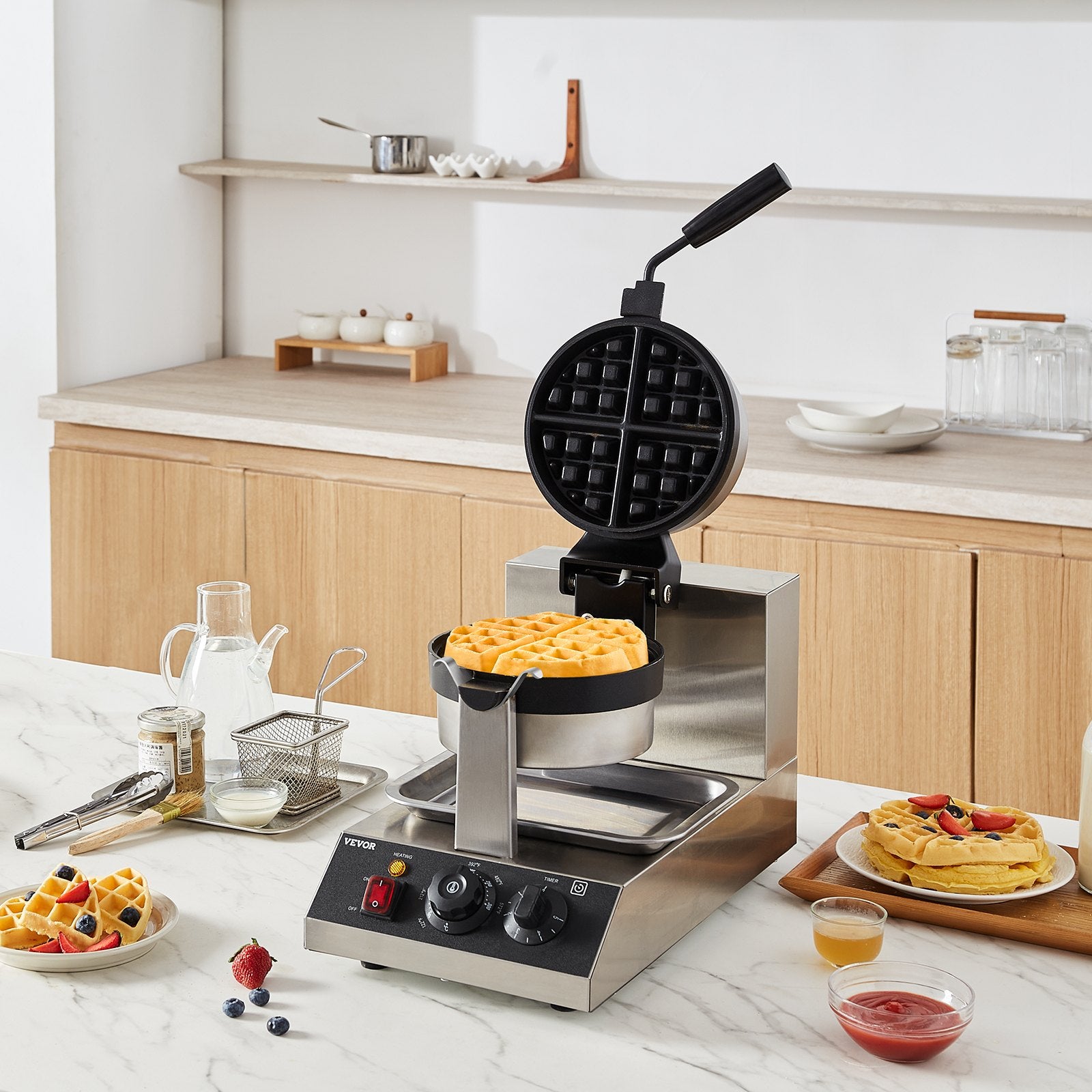 Commercial Waffle Maker, 1300W Round Waffle Baker Machine, Non-Stick Stainless Steel Belgian Waffle Iron, Temperature and Time Control, 180° Rotatable, for Restaurant Bakery Snack Bar Family - Image 8