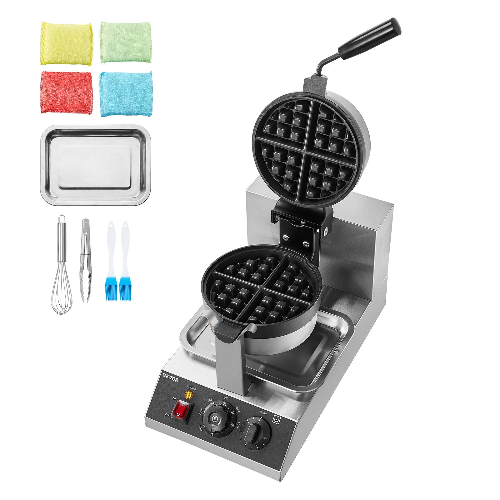 Commercial Waffle Maker, 1300W Round Waffle Baker Machine, Non-Stick Stainless Steel Belgian Waffle Iron, Temperature and Time Control, 180° Rotatable, for Restaurant Bakery Snack Bar Family - Image 9