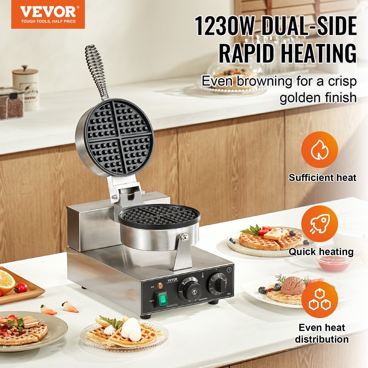 Commercial Waffle Maker, 1230W Round Waffle Baker Machine, Non-Stick Stainless Steel Belgian Waffle Iron with Temperature and Time Control, Handle, for Restaurant Bakery Snack Bar Family - Image 2