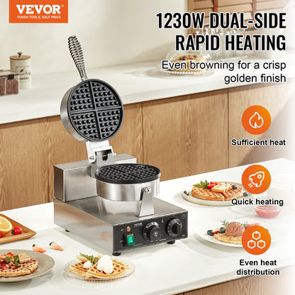 Commercial Waffle Maker, 1230W Round Waffle Baker Machine, Non-Stick Stainless Steel Belgian Waffle Iron with Temperature and Time Control, Handle, for Restaurant Bakery Snack Bar Family - Image 2