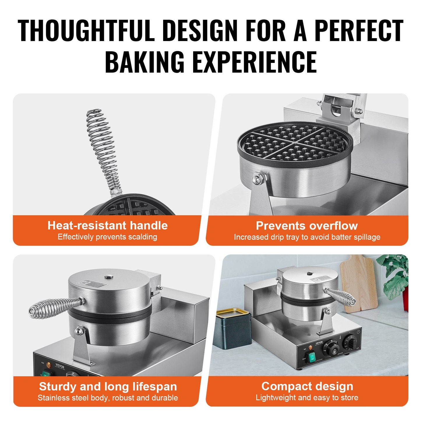 Commercial Waffle Maker, 1230W Round Waffle Baker Machine, Non-Stick Stainless Steel Belgian Waffle Iron with Temperature and Time Control, Handle, for Restaurant Bakery Snack Bar Family - Image 5