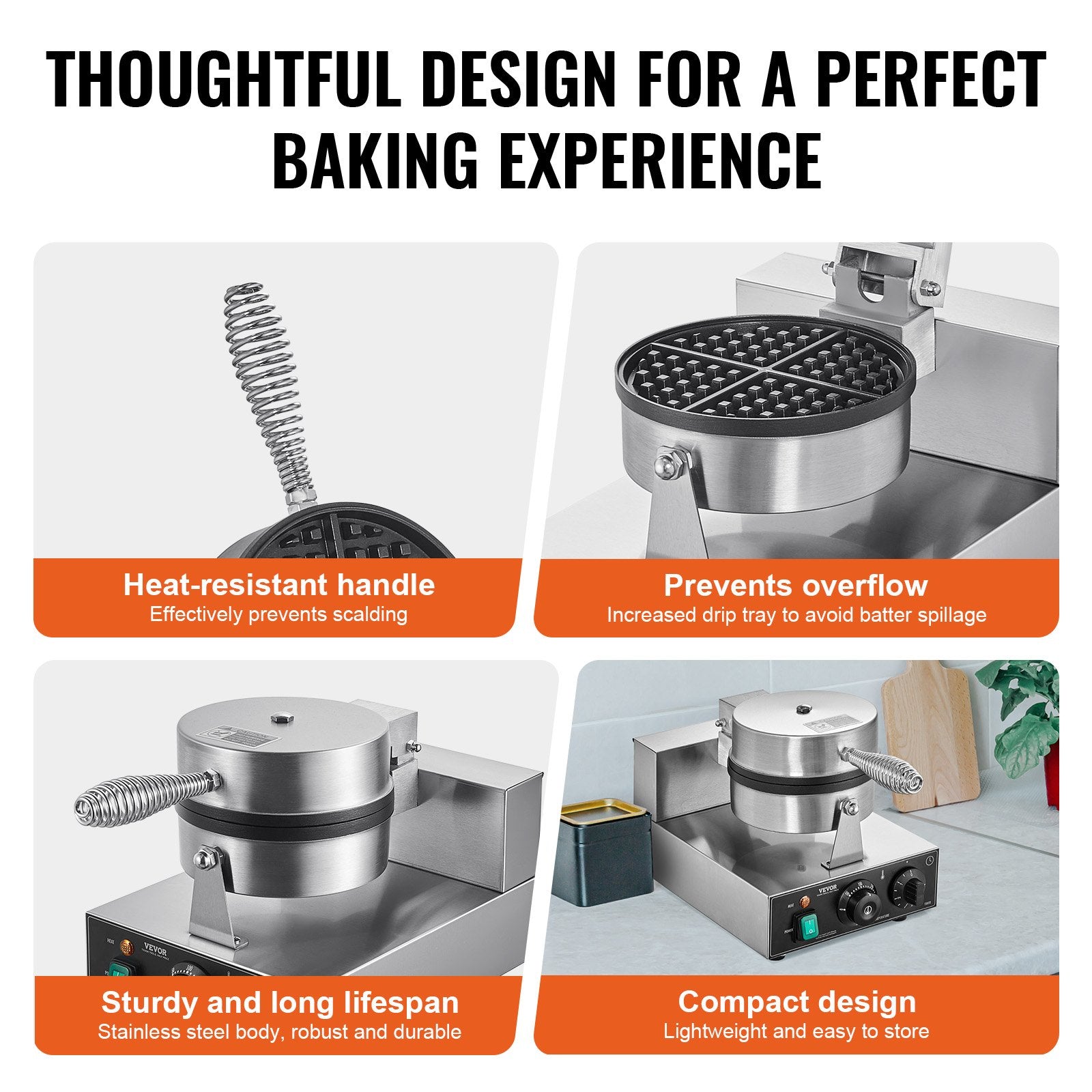 Commercial Waffle Maker, 1230W Round Waffle Baker Machine, Non-Stick Stainless Steel Belgian Waffle Iron with Temperature and Time Control, Handle, for Restaurant Bakery Snack Bar Family - Image 5