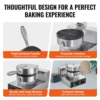 Commercial Waffle Maker, 1230W Round Waffle Baker Machine, Non-Stick Stainless Steel Belgian Waffle Iron with Temperature and Time Control, Handle, for Restaurant Bakery Snack Bar Family - Image 5