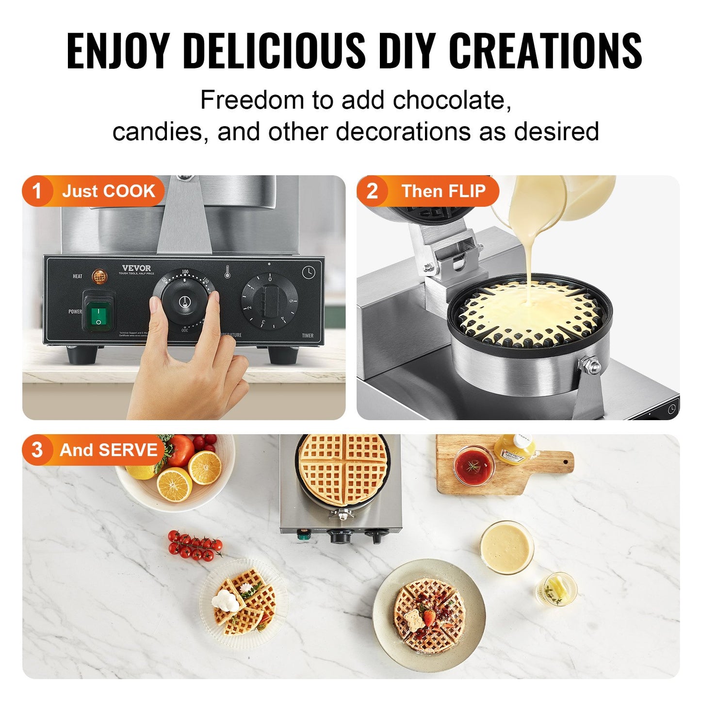 Commercial Waffle Maker, 1230W Round Waffle Baker Machine, Non-Stick Stainless Steel Belgian Waffle Iron with Temperature and Time Control, Handle, for Restaurant Bakery Snack Bar Family - Image 6