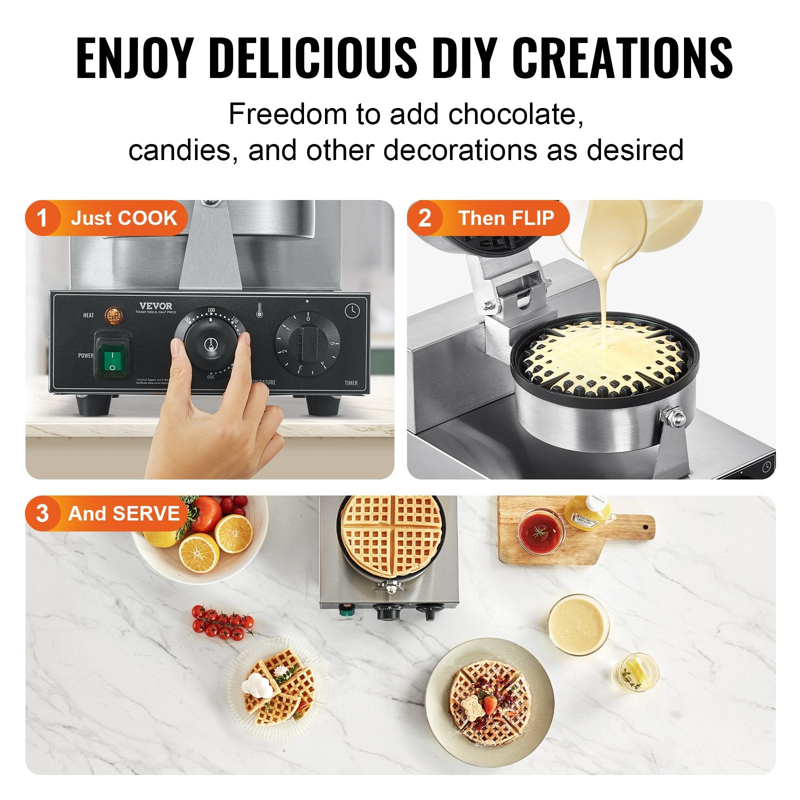 Commercial Waffle Maker, 1230W Round Waffle Baker Machine, Non-Stick Stainless Steel Belgian Waffle Iron with Temperature and Time Control, Handle, for Restaurant Bakery Snack Bar Family - Image 6