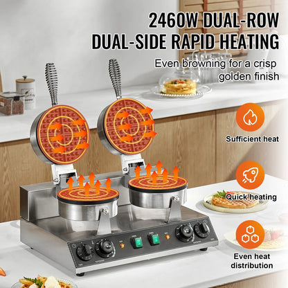 Commercial Waffle Maker, Dual-Head Round Waffle Baker Machine, 2460W Non-Stick Stainless Steel Belgian Waffle Iron with Temp and Time Control, Handle, for Restaurant Bakery Snack Bar Family - Image 2