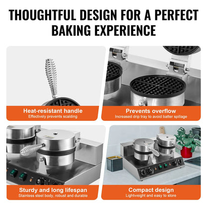 Commercial Waffle Maker, Dual-Head Round Waffle Baker Machine, 2460W Non-Stick Stainless Steel Belgian Waffle Iron with Temp and Time Control, Handle, for Restaurant Bakery Snack Bar Family - Image 5