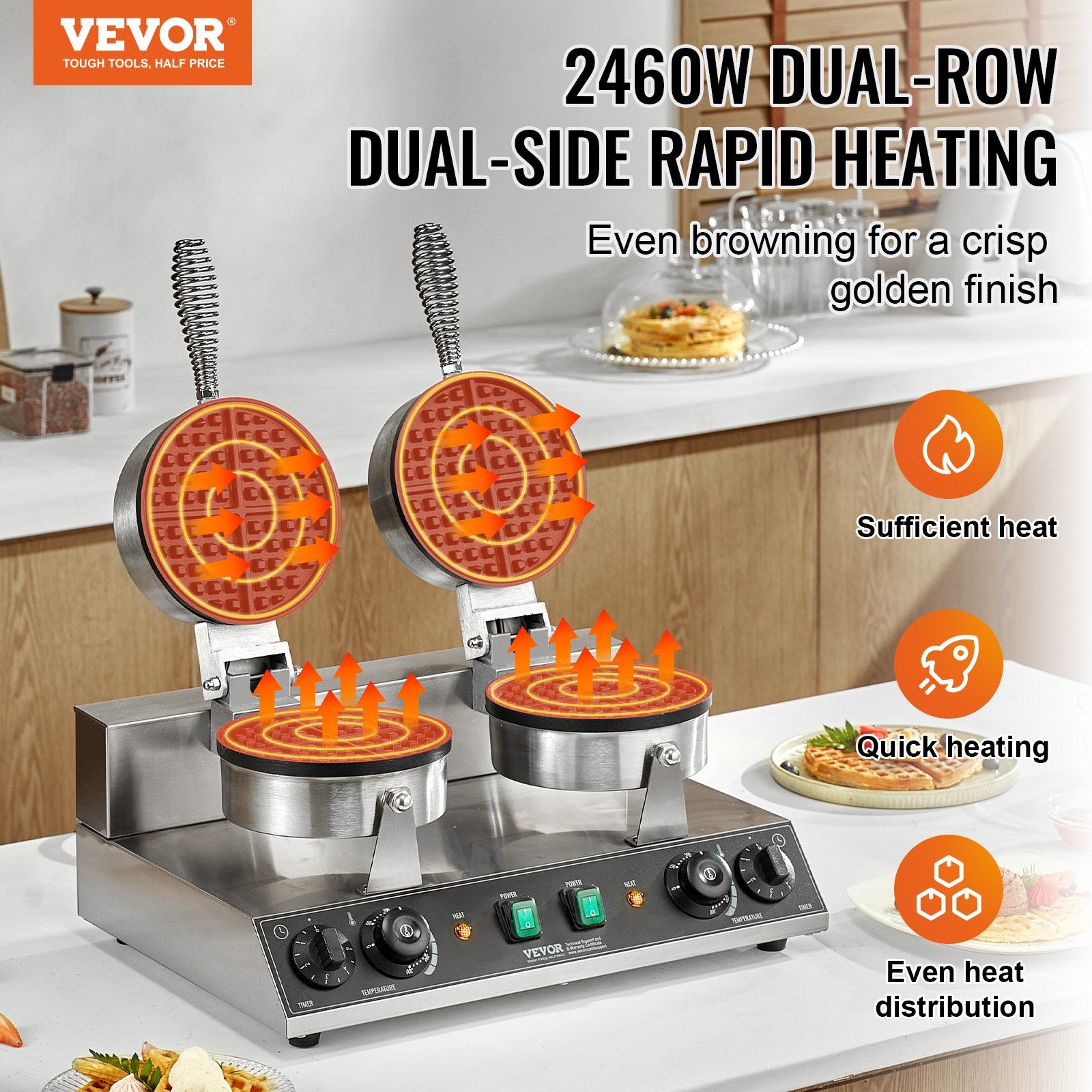 Commercial Waffle Maker, Dual-Head Round Waffle Baker Machine, 2460W Non-Stick Stainless Steel Belgian Waffle Iron with Temp and Time Control, Handle, for Restaurant Bakery Snack Bar Family - Image 2