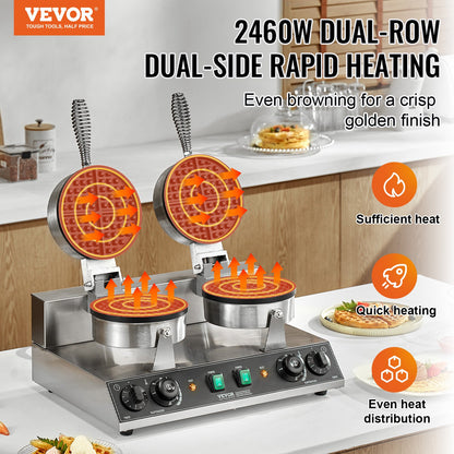Commercial Waffle Maker, Dual-Head Round Waffle Baker Machine, 2460W Non-Stick Stainless Steel Belgian Waffle Iron with Temp and Time Control, Handle, for Restaurant Bakery Snack Bar Family - Image 2