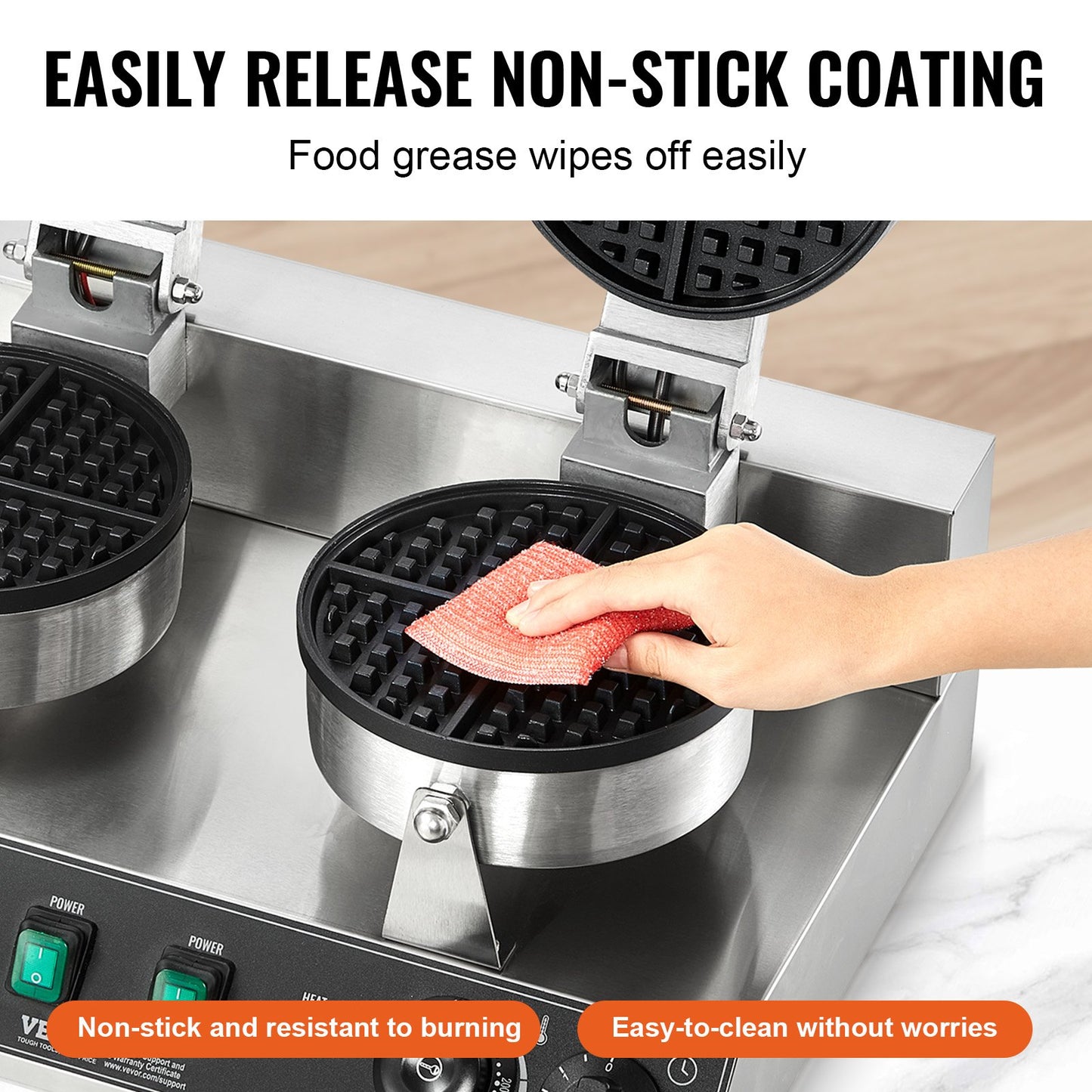Commercial Waffle Maker, Dual-Head Round Waffle Baker Machine, 2460W Non-Stick Stainless Steel Belgian Waffle Iron with Temp and Time Control, Handle, for Restaurant Bakery Snack Bar Family - Image 4
