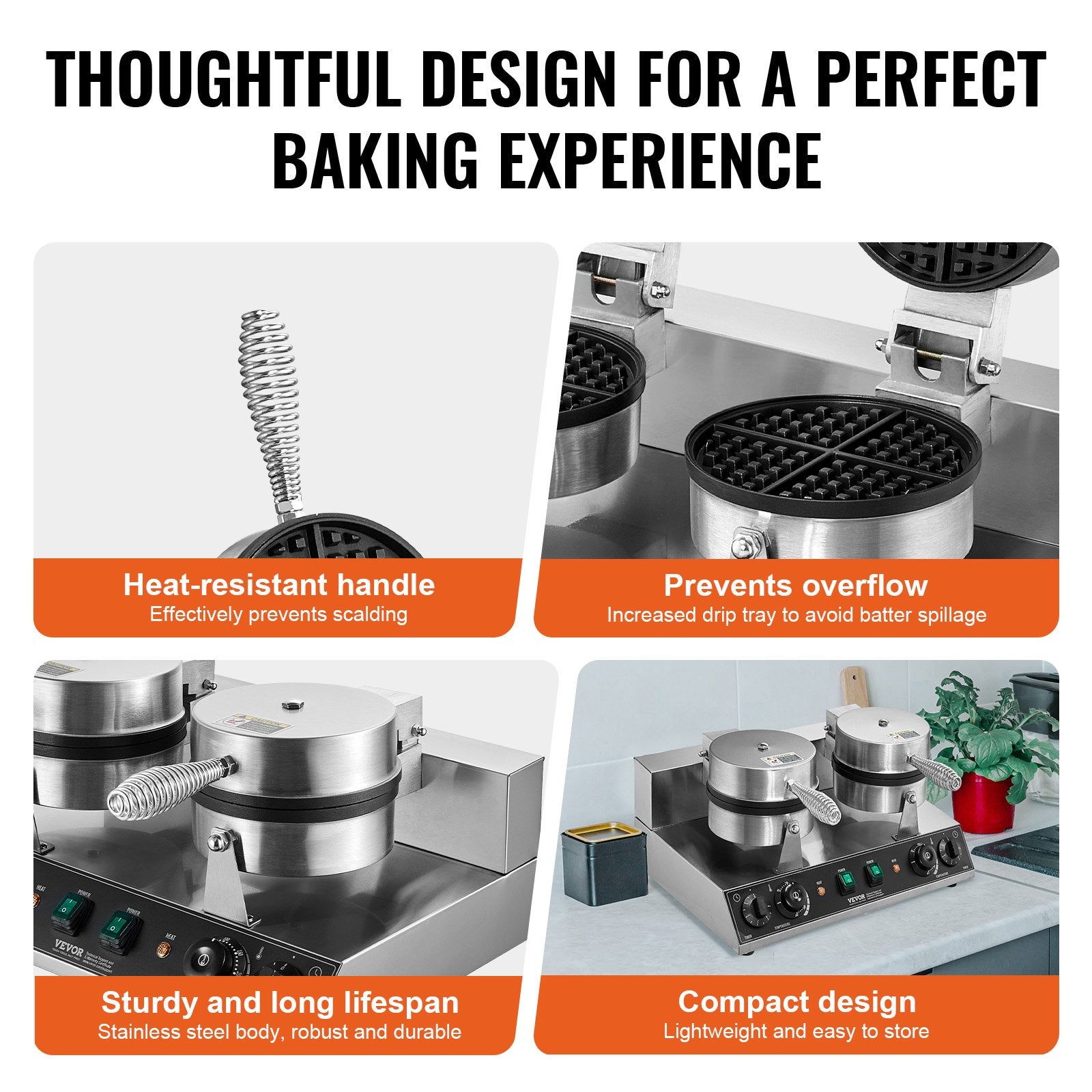 Commercial Waffle Maker, Dual-Head Round Waffle Baker Machine, 2460W Non-Stick Stainless Steel Belgian Waffle Iron with Temp and Time Control, Handle, for Restaurant Bakery Snack Bar Family - Image 5