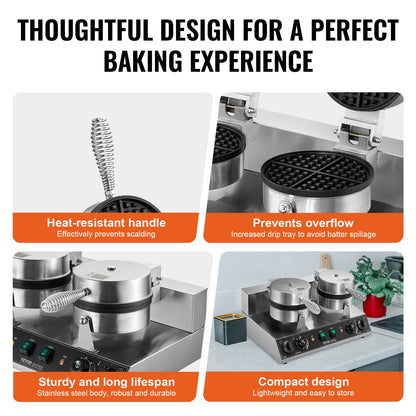 Commercial Waffle Maker, Dual-Head Round Waffle Baker Machine, 2460W Non-Stick Stainless Steel Belgian Waffle Iron with Temp and Time Control, Handle, for Restaurant Bakery Snack Bar Family - Image 5