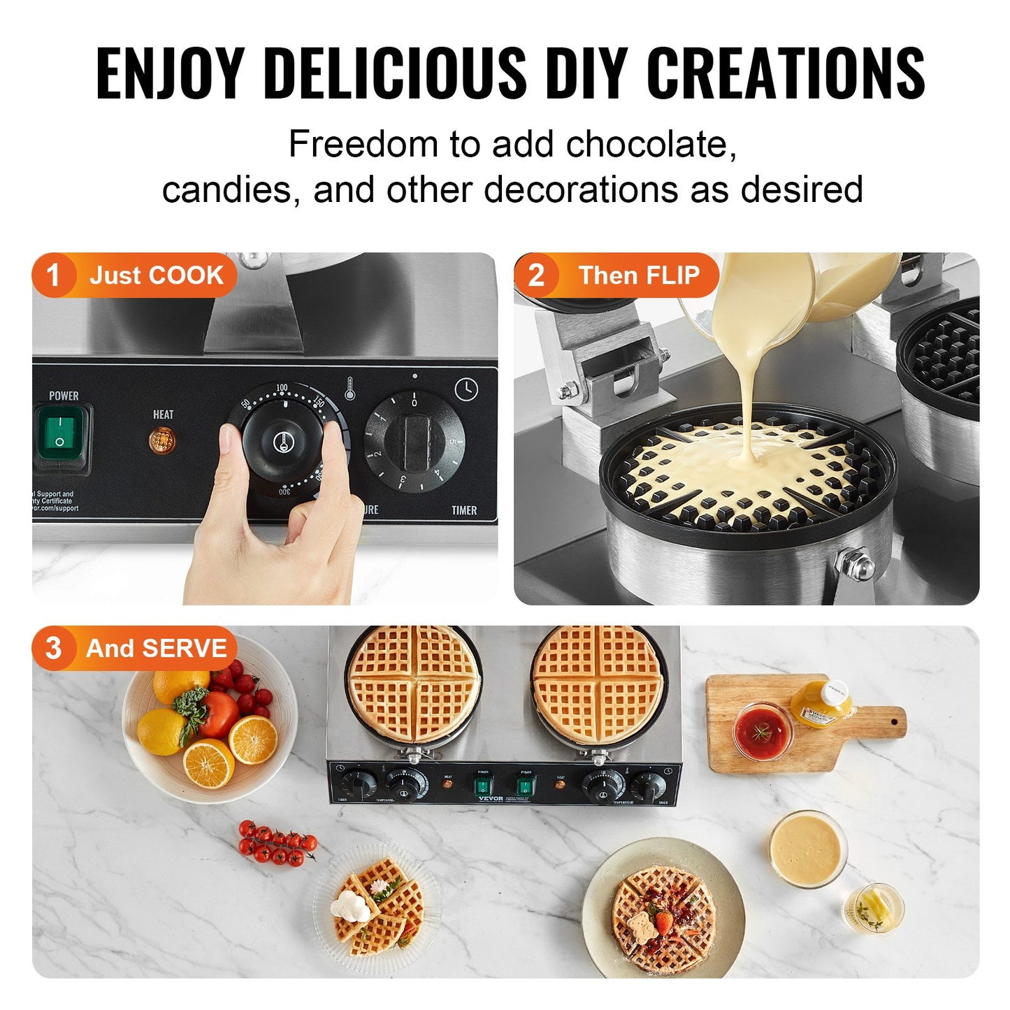 Commercial Waffle Maker, Dual-Head Round Waffle Baker Machine, 2460W Non-Stick Stainless Steel Belgian Waffle Iron with Temp and Time Control, Handle, for Restaurant Bakery Snack Bar Family - Image 6