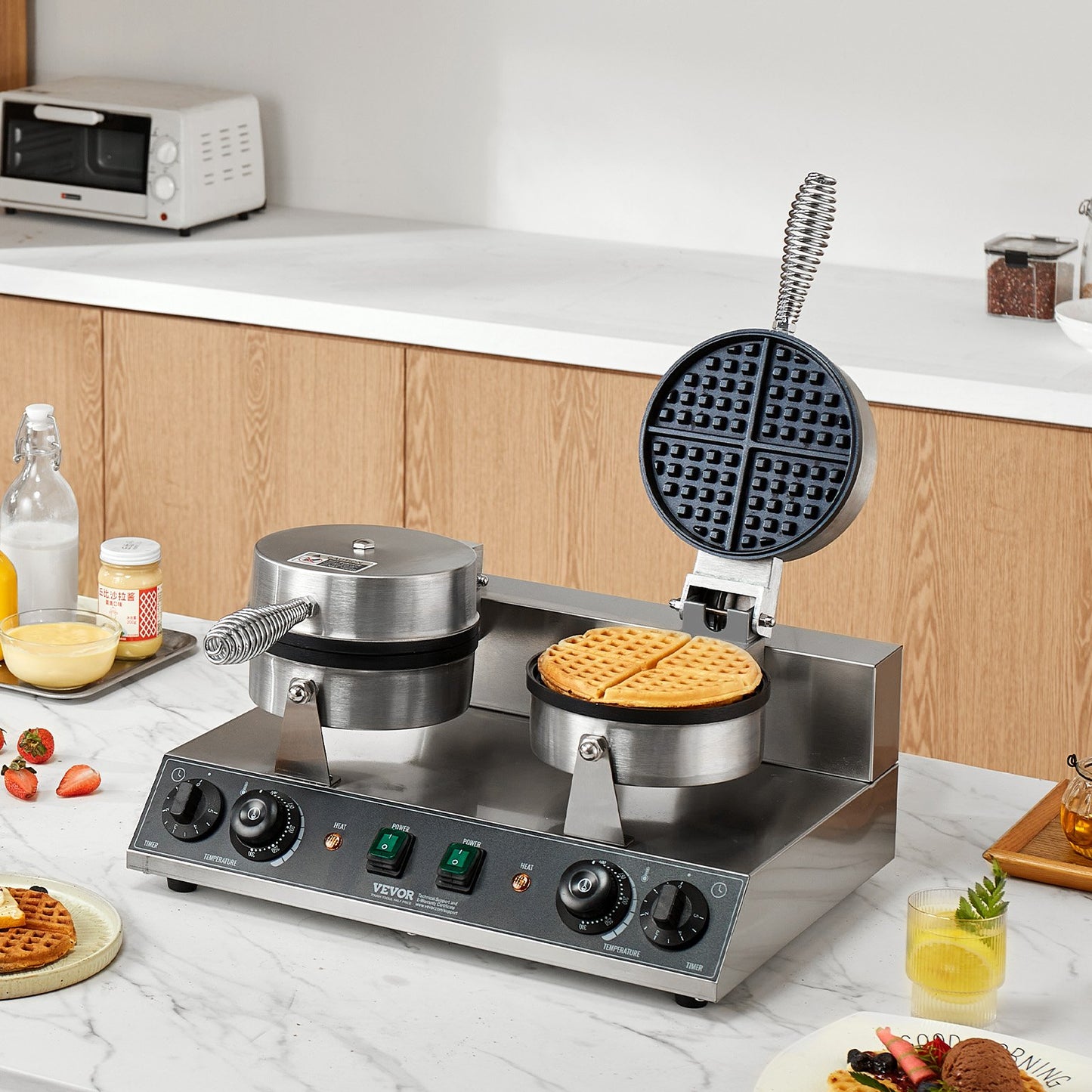 Commercial Waffle Maker, Dual-Head Round Waffle Baker Machine, 2460W Non-Stick Stainless Steel Belgian Waffle Iron with Temp and Time Control, Handle, for Restaurant Bakery Snack Bar Family - Image 8