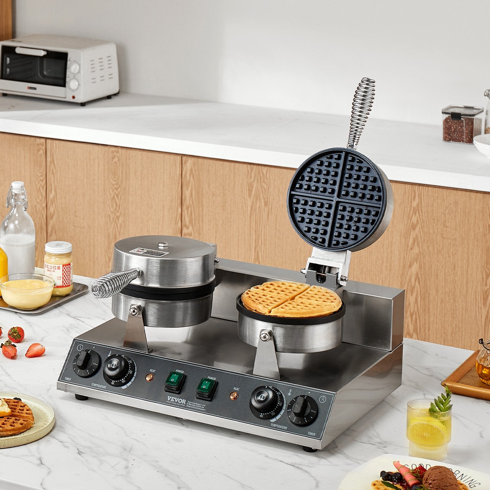 Commercial Waffle Maker, Dual-Head Round Waffle Baker Machine, 2460W Non-Stick Stainless Steel Belgian Waffle Iron with Temp and Time Control, Handle, for Restaurant Bakery Snack Bar Family - Image 8