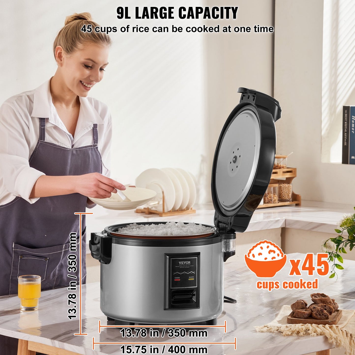Commercial Rice Cooker, 45-Cup Rice Cooker, 9 Liter Large Rice Cooker and Warmer with Nonstick Inner Pot, Fast Cooking and 12-Hour Keep Warm, with Rice Cup and Paddle, for Restaurant - Image 3