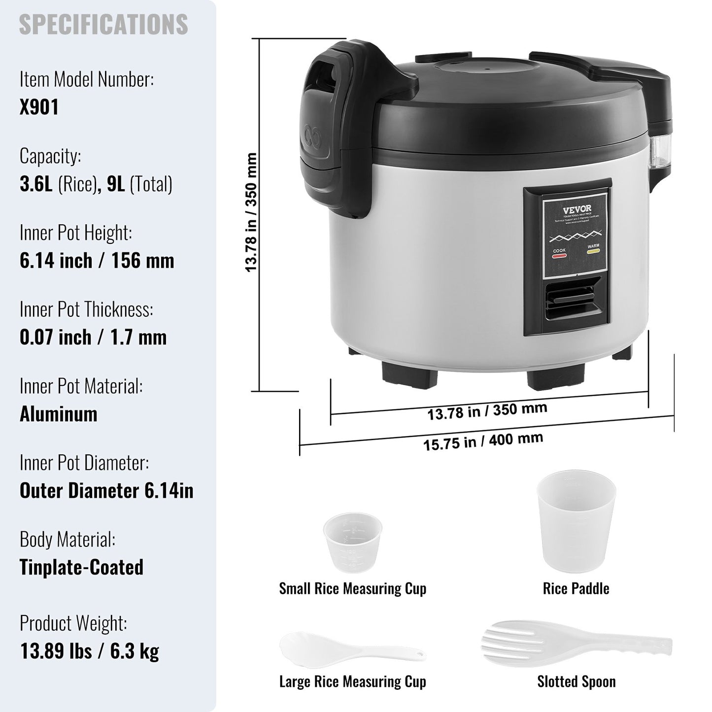 Commercial Rice Cooker, 45-Cup Rice Cooker, 9 Liter Large Rice Cooker and Warmer with Nonstick Inner Pot, Fast Cooking and 12-Hour Keep Warm, with Rice Cup and Paddle, for Restaurant - Image 7