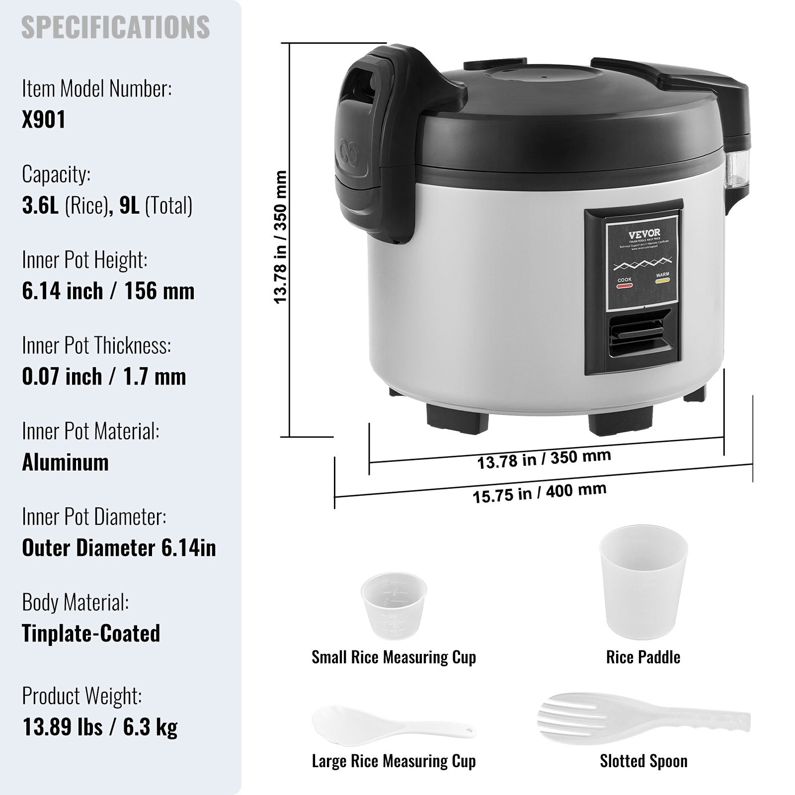 Commercial Rice Cooker, 45-Cup Rice Cooker, 9 Liter Large Rice Cooker and Warmer with Nonstick Inner Pot, Fast Cooking and 12-Hour Keep Warm, with Rice Cup and Paddle, for Restaurant - Image 7