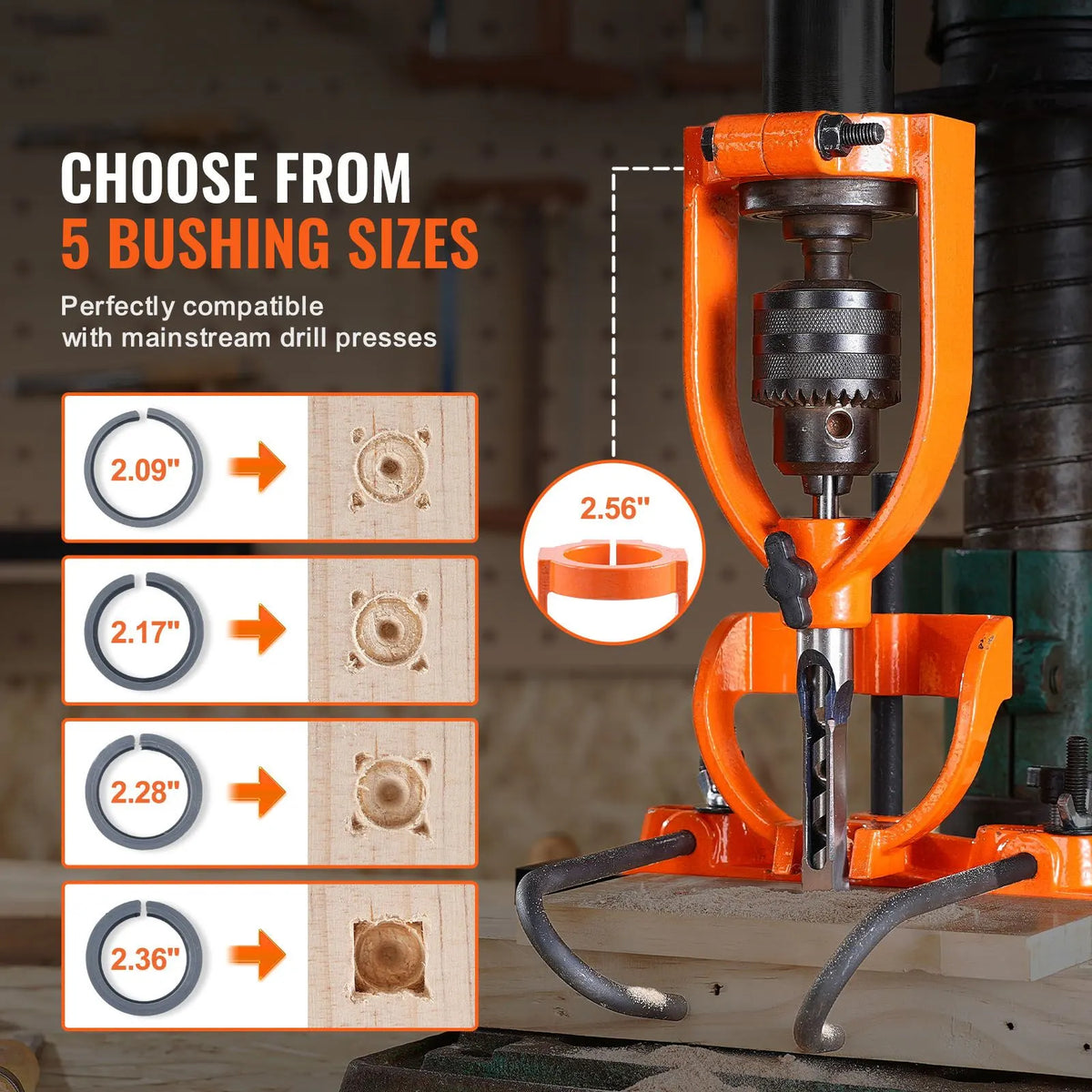 Mortising Attachment for Drill Press, 4 Model Drills Square Hole Chisel Set, Bench Drill Locator Set Mortise and Tenon Tools with 5 Bushings, for Woodworking Mortising Tenoning Drilling Machine - Image 2