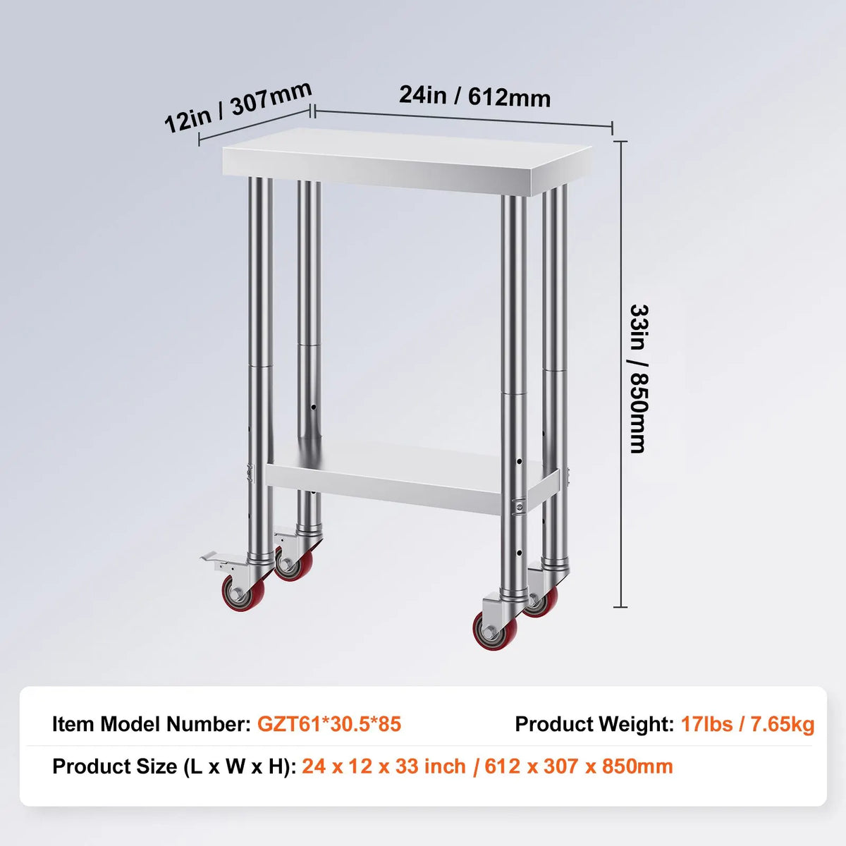 Stainless Steel Work Table with Wheels 24 x 12 x 32 Inch Prep Table with 4 Casters Heavy Duty Work Table for Commercial Kitchen Restaurant Business - Image 7
