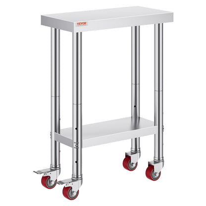 Stainless Steel Work Table with Wheels 24 x 12 x 32 Inch Prep Table with 4 Casters Heavy Duty Work Table for Commercial Kitchen Restaurant Business