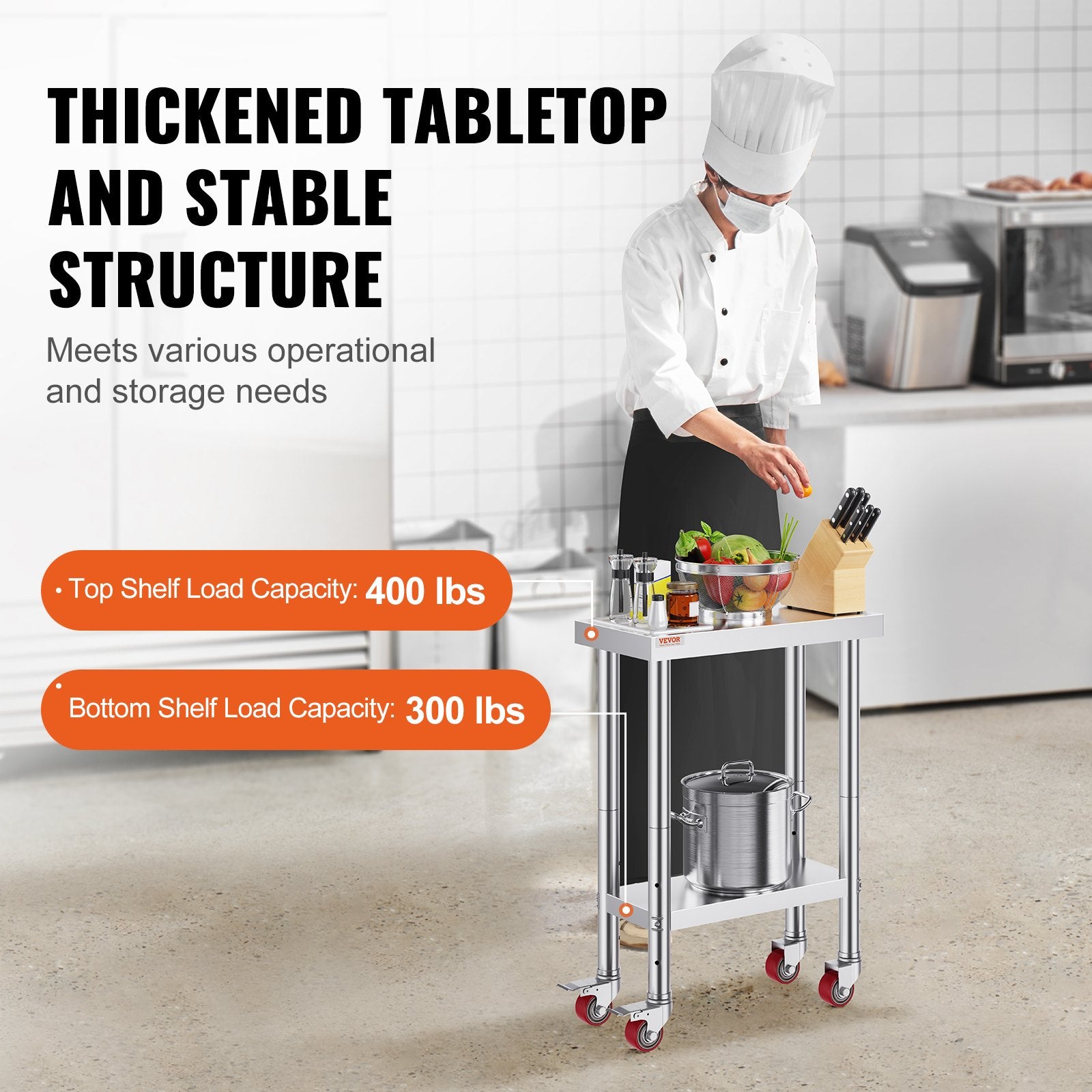 Stainless Steel Work Table with Wheels 24 x 12 x 32 Inch Prep Table with 4 Casters Heavy Duty Work Table for Commercial Kitchen Restaurant Business - Image 3