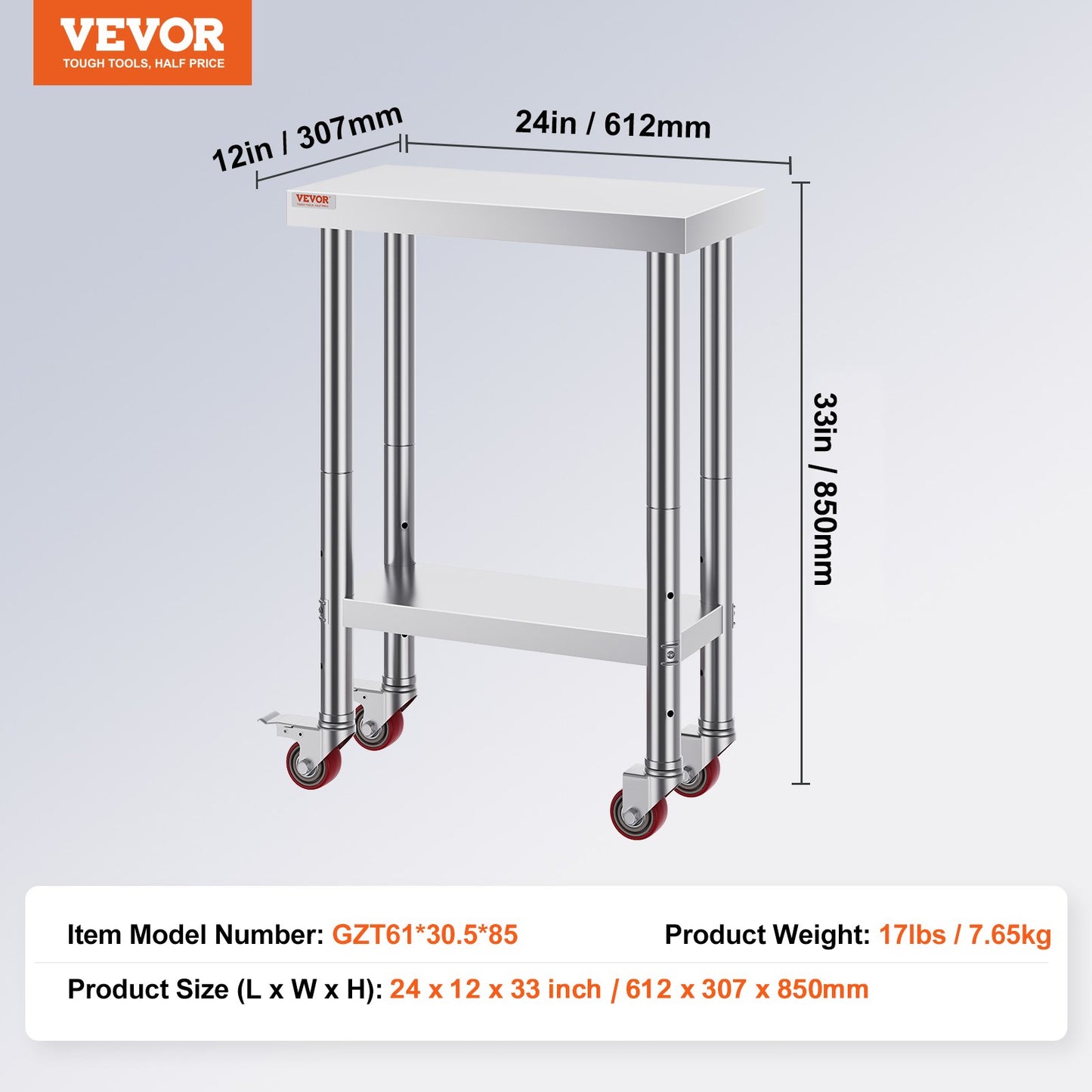 Stainless Steel Work Table with Wheels 24 x 12 x 32 Inch Prep Table with 4 Casters Heavy Duty Work Table for Commercial Kitchen Restaurant Business - Image 7