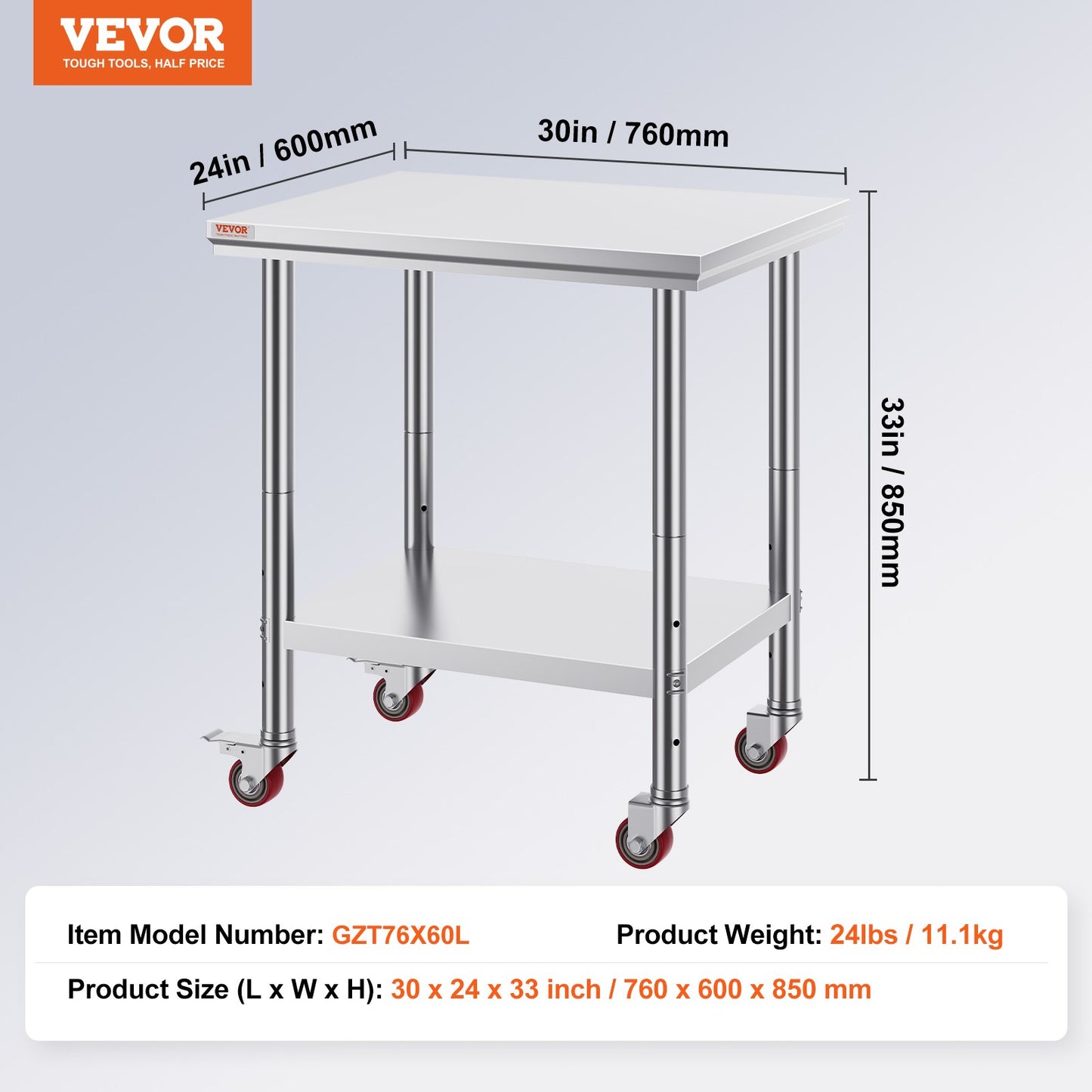 Stainless Steel Work Table with Wheels 24 x 30 Prep Table with casters Heavy Duty Work Table for Commercial Kitchen Restaurant Business (24 x 30 x 33.8 Inch) - Image 7